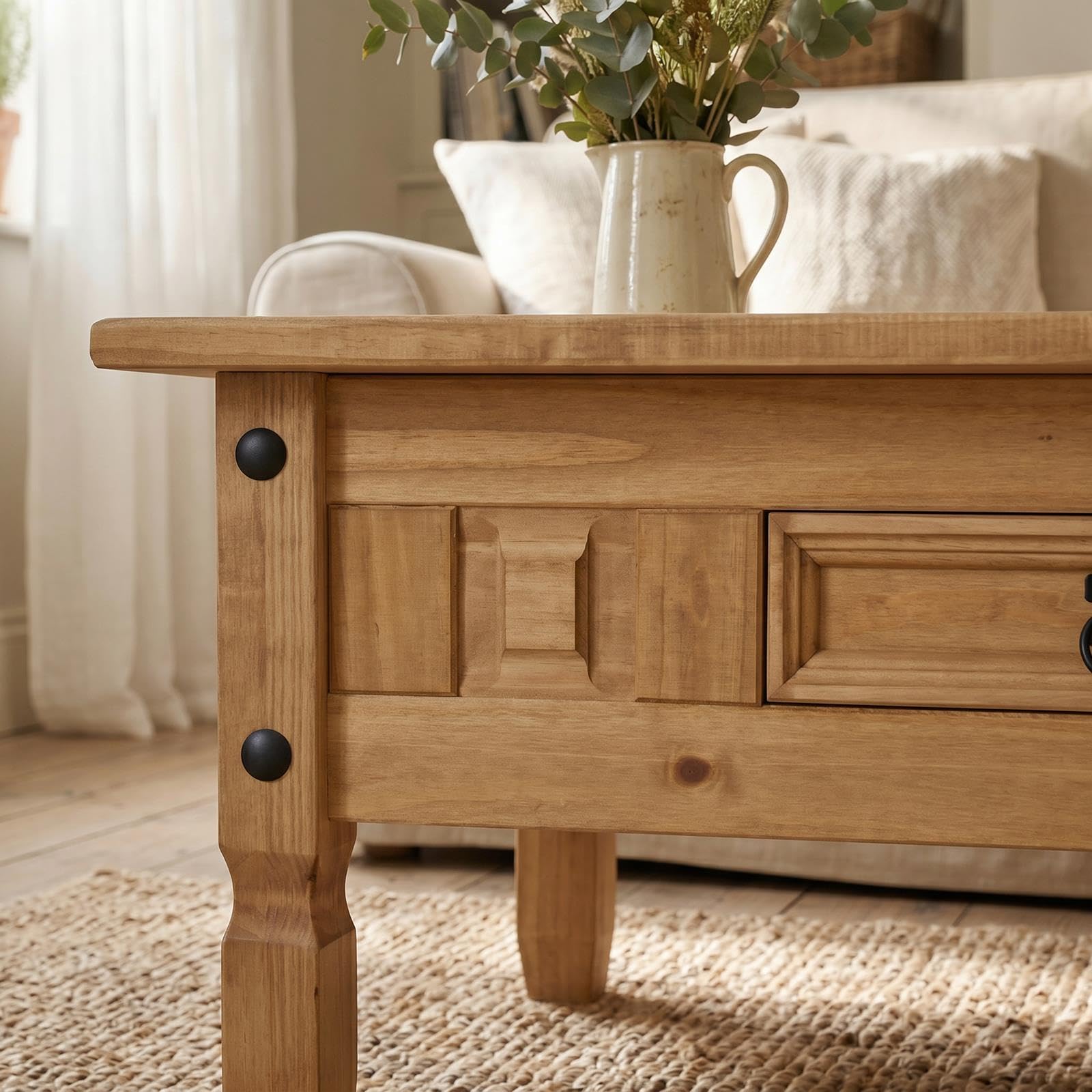 IDIMEX Table Basse Esteban en pin Massif Style Mexicain avec 1 tiroir, Table de Salon en Bois teinté/ciré avec 4 Pieds