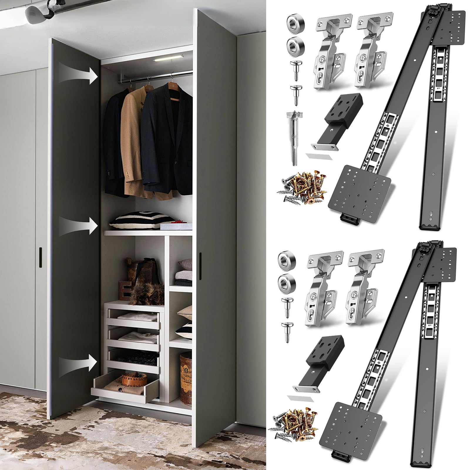 Pocket Door Slide kit, Pivot Door Slide Hardware Insert with Magnetic Push-Pull Latch for Cabinet Doors and Insert Doors, Durable and Silent Design for Kitchen Bathroom Furniture (18in, Pieces, 4)