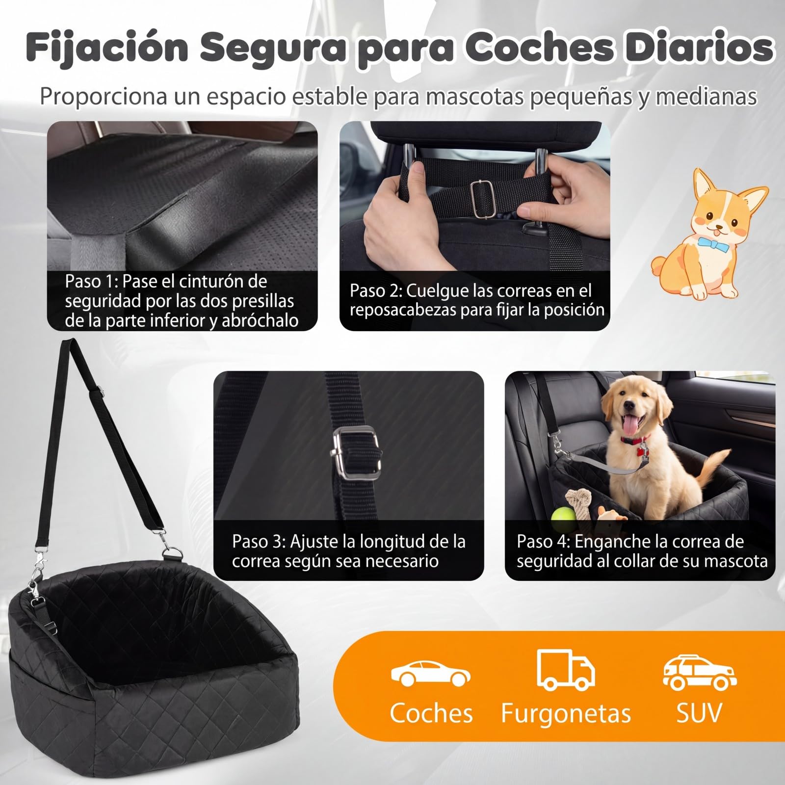COSTWAY Asiento de Coche para Perros Pequeños y Medianos, Transportín Perro Coche con Correa de Seguridad, Bolsillos de Almacenaje, Base Antideslizante y Funda Lavable, 50 x 46 x 30 cm (Negro)