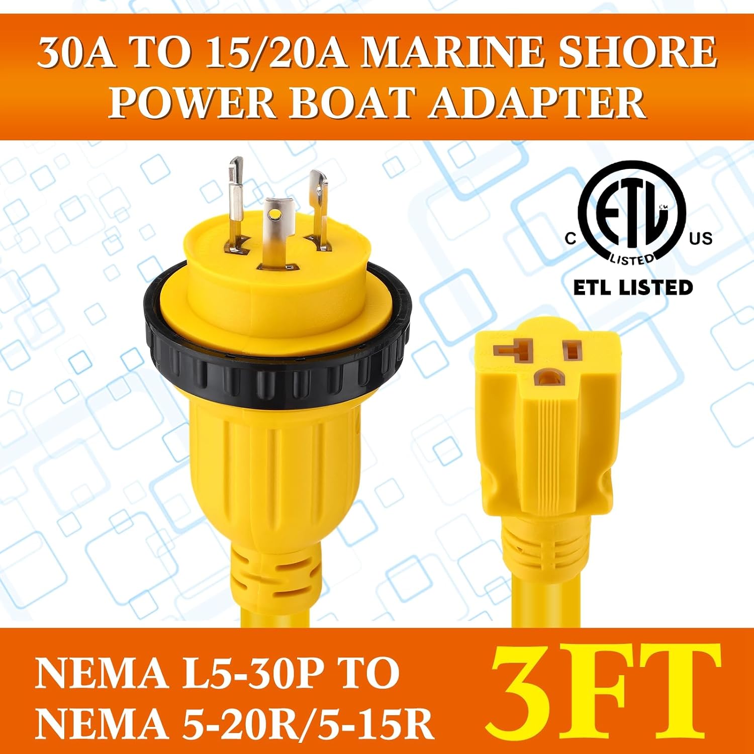 Kanayu 3FT 30 Amp to 15 Amp Marine Shore Power Adapter Extension Power Cord Nema L5-30P to 5-15/20R 10AWG 30Amp to 20Amp T Blade Marine Plug 125V Household Outlet Pigtail Boat Adapter