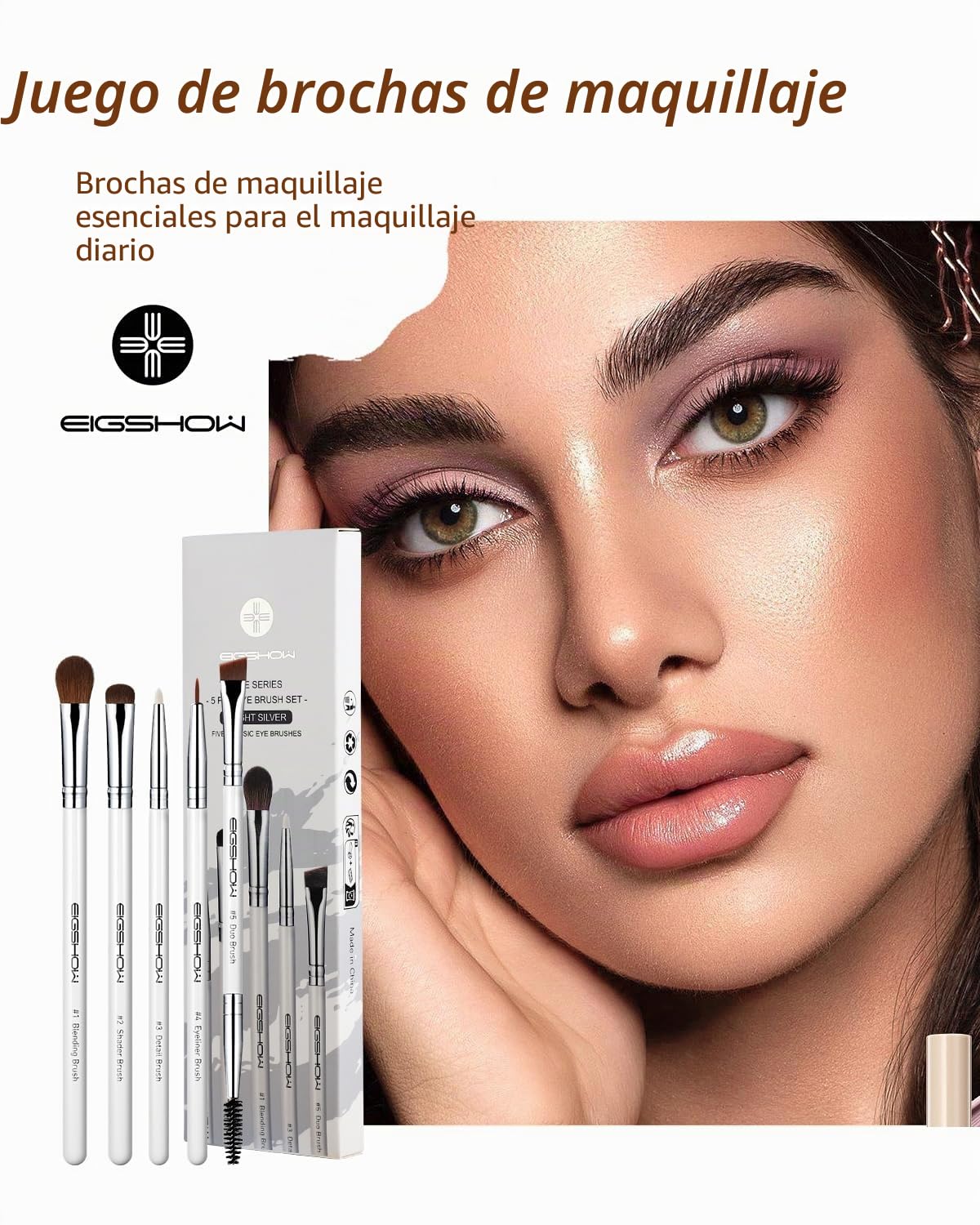 EIGSHOW Juego de 5 brochas para maquillaje de ojos, brocha para delineador de ojos, brocha para cejas, juego de brochas para sombra de ojos (blanco)