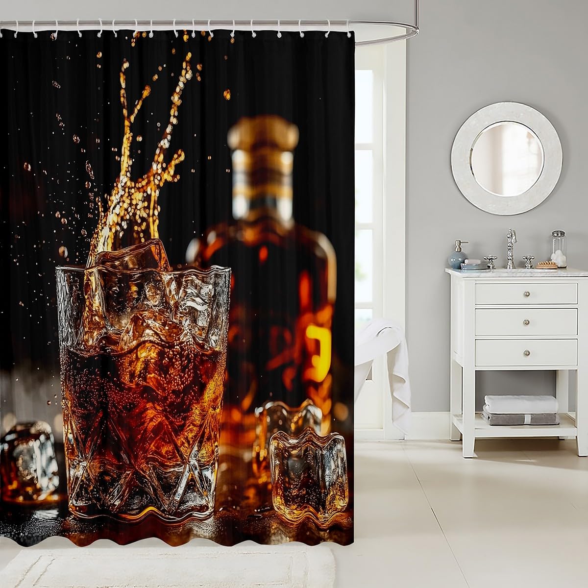 Duschvorhang für Kinder, Whisky-Getränke, Whisky-Malz-Likör, Trinkbadvorhang für Mädchen und Jungen, Bar, Bierglas, Westernmode, wasserdichte Vorhänge, 12 Haken, 183 x 198 cm (B x L)
