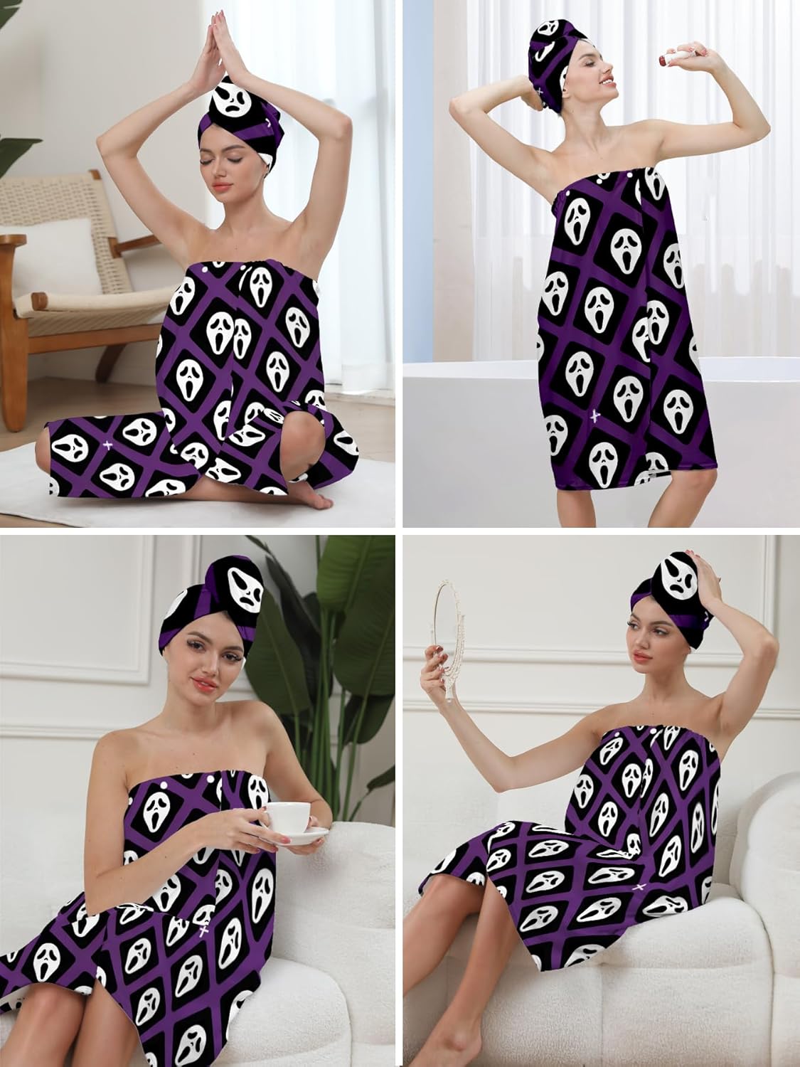 Bath Towel Wrap with Hair Turban Set, Purple and Black Horror Spooky Face, 31.5x59 inches, Fits Chest 39-59 inches