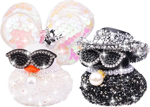 Diamond Rubber Duck Car Ornaments, 2Pcs Shiny Rhinestones Ducks Car Dashboard Decorations with Mini Wings Cowboy Hat Necklaces Sunglasses
