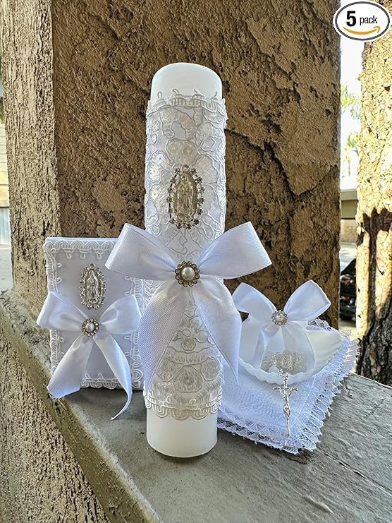 Baptism White Candle Set with Lady of Guadalupe Medal 2.0