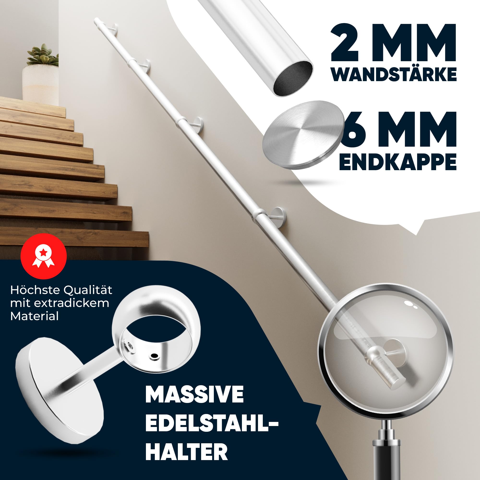 Handlauf Edelstahl Ø 42,4 mm, Markenhandläufe, für Außen- & Innenbereich, Wandhandlauf Brüstung Geländer, 4 verschiedene Varianten