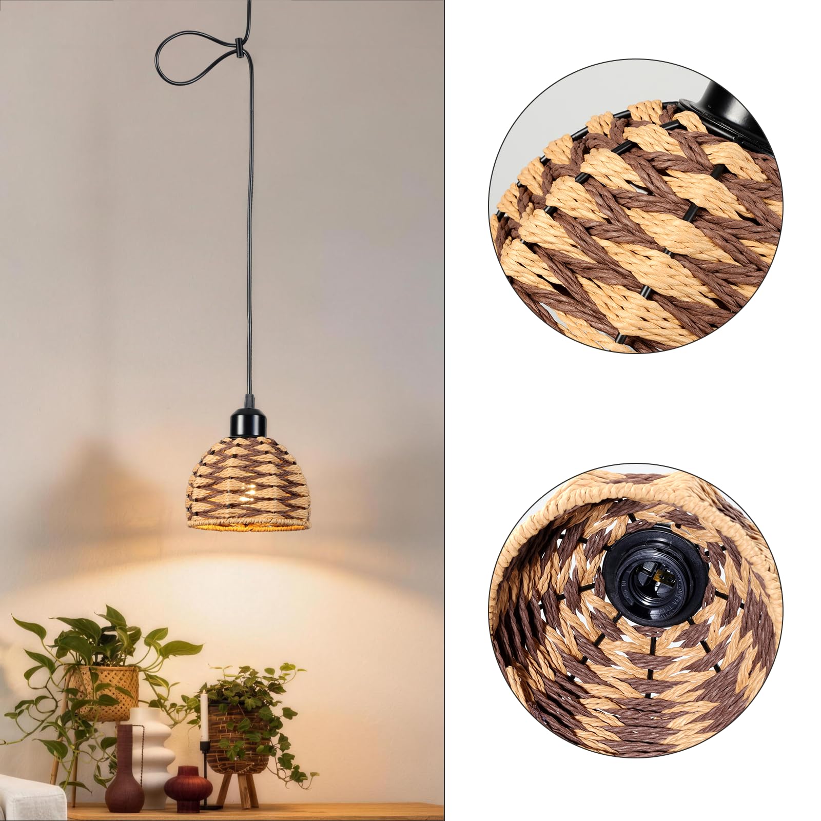 FRIXCHUR Lampa wisząca Boho E27 z plecionej liny, naturalna lampa wisząca z kablem 1,3 m, do kuchni, stołu jadalnego i korytarza, bez źródła światła