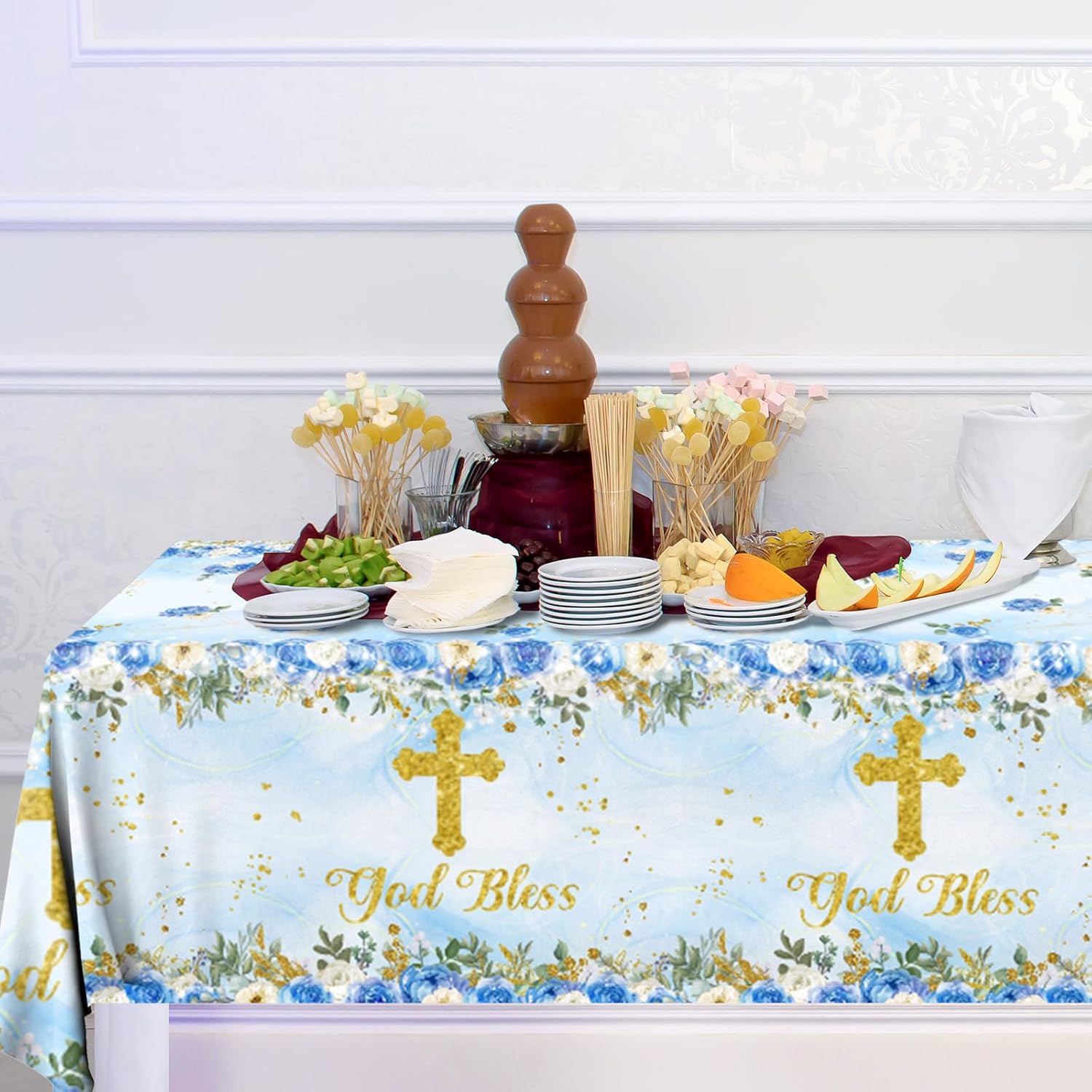 GREHUMOR 3Pcs God Bless Baptism Tablecloth Decorations First Communion Table Cover Christening Party Supplies Disposable Plastic Cross Tablecloths for Boys Girls Celebration Baby Shower