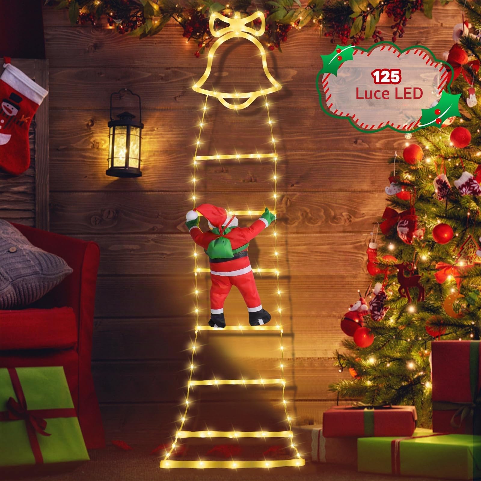 SelfTek Luci Decorative Natalizie a Scala con Babbo Natale Rampicante, Decorazioni Natalizie a LED con 8 Modalità di Luce per Interno, Esterno, Giardino (160cm/5.25ft, Bianco Caldo)