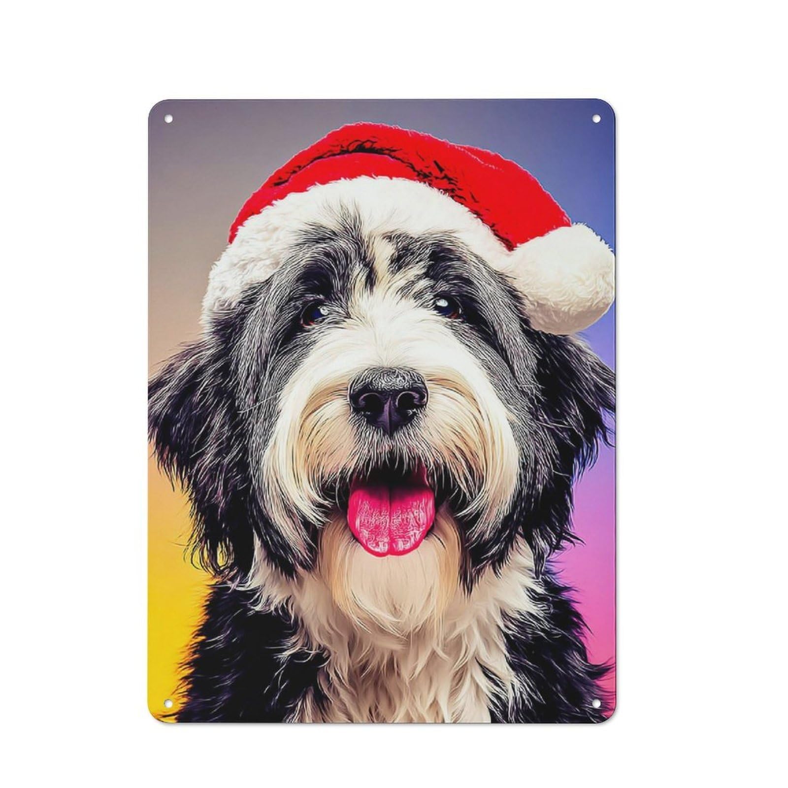 Shop Front Style Christmas Pup in Santa Hat -5 Decorative Metal Plaque 40x30cm, Shop Wall Decor for Cafe, Bistro, Bakery Or Restaurant
