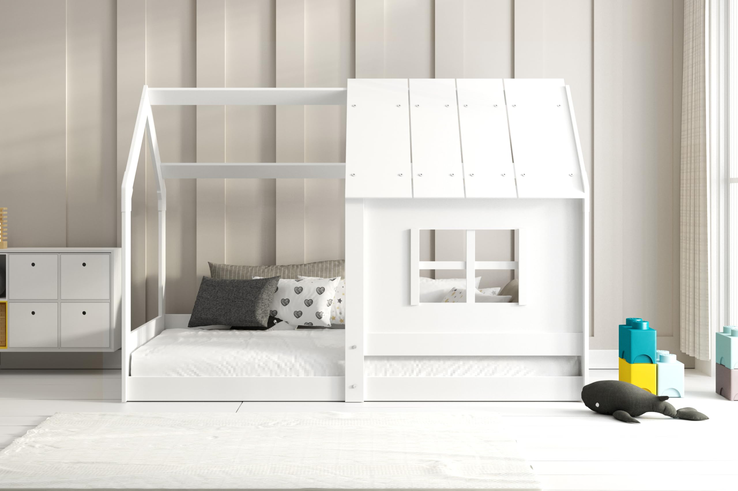 Interbeds Lit cabane avec Toit pour Enfant, lit Montessori au Sol en Bois, lit Simple avec barrière Anti-Chute et sommier à Lattes Inclus, Structure Robuste 80 x 160 cm (Blanc)