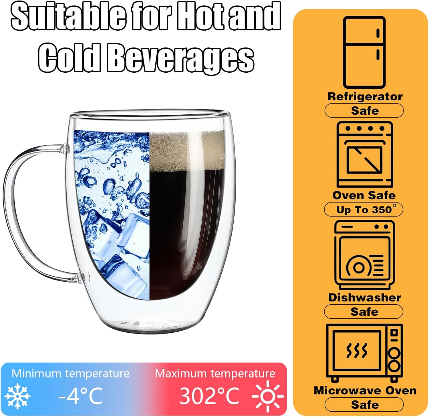 Set of 4 Double Walled Glass Coffee Mugs with Handles, 12oz Clear Coffee Mugs for Hot/Cold Beverages, Insulated Borosilicate Glass Cups for Cappuccino, Espresso, Latte, Tea, Milk, Microwave Safe - Image 4