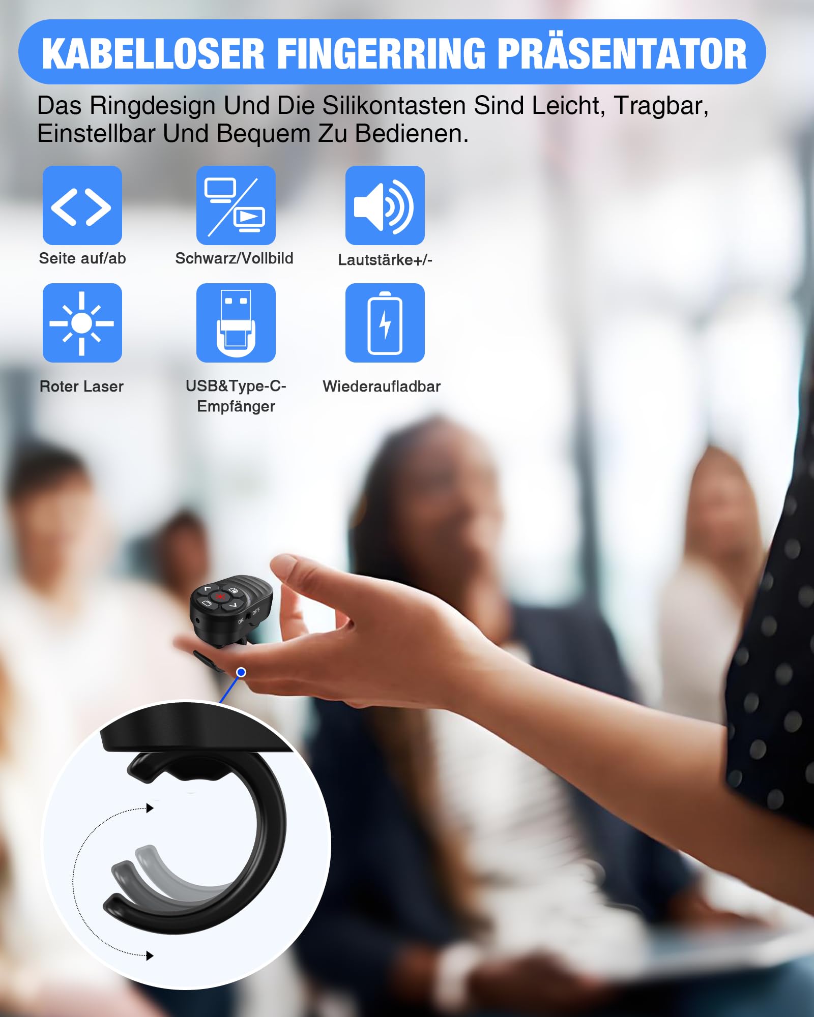 2 in 1 USB C Presentation Clicker, Wireless 2.4G Type C e USB ricevitore Presenter Clicker, puntatore per presentazioni Controllo del volume per Windows