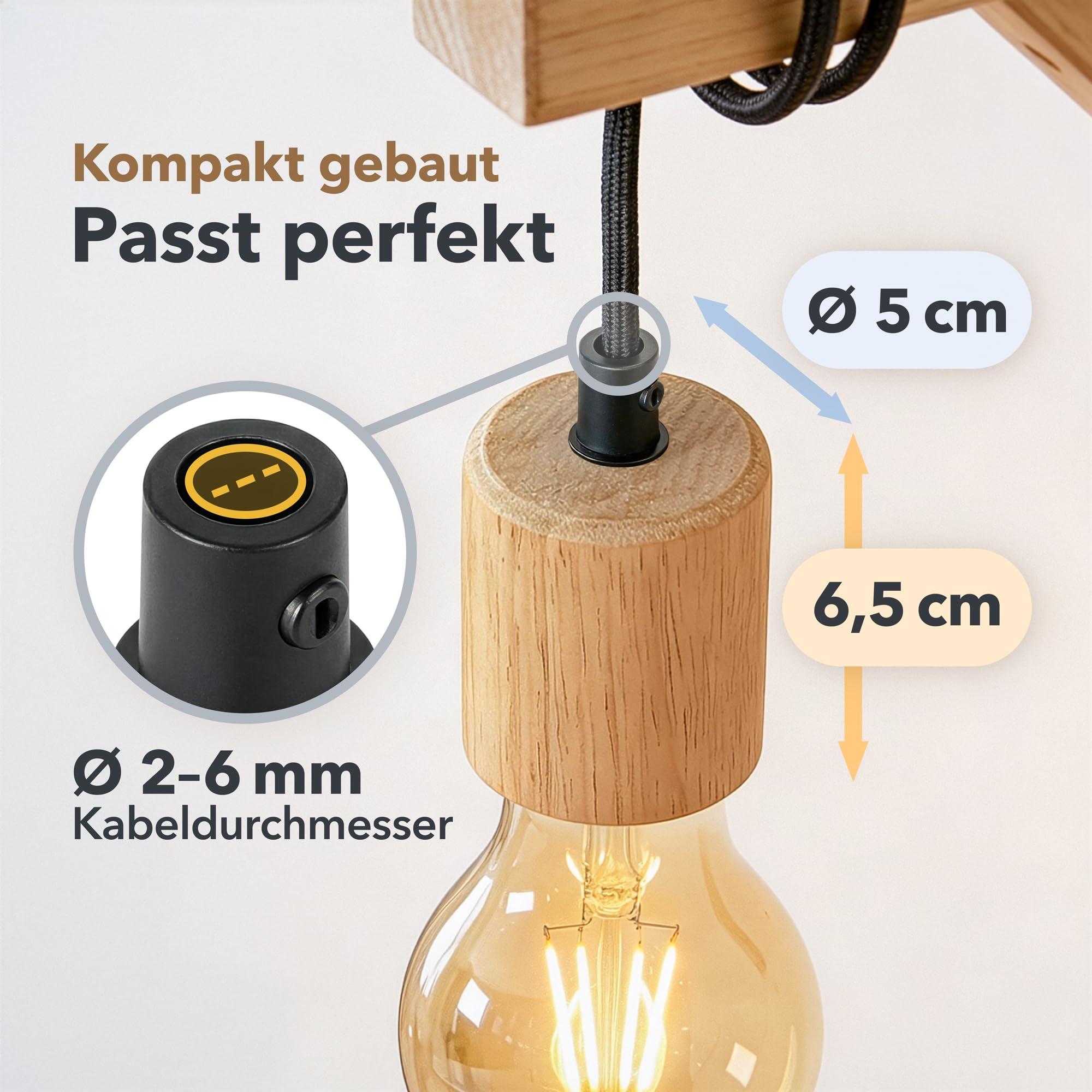 ledscom.de 6 pièces E27 Douille de lampe KIVO en bois véritable, décharge de traction, douille de lampe suspendue DIY, 230V AC, max. 60W