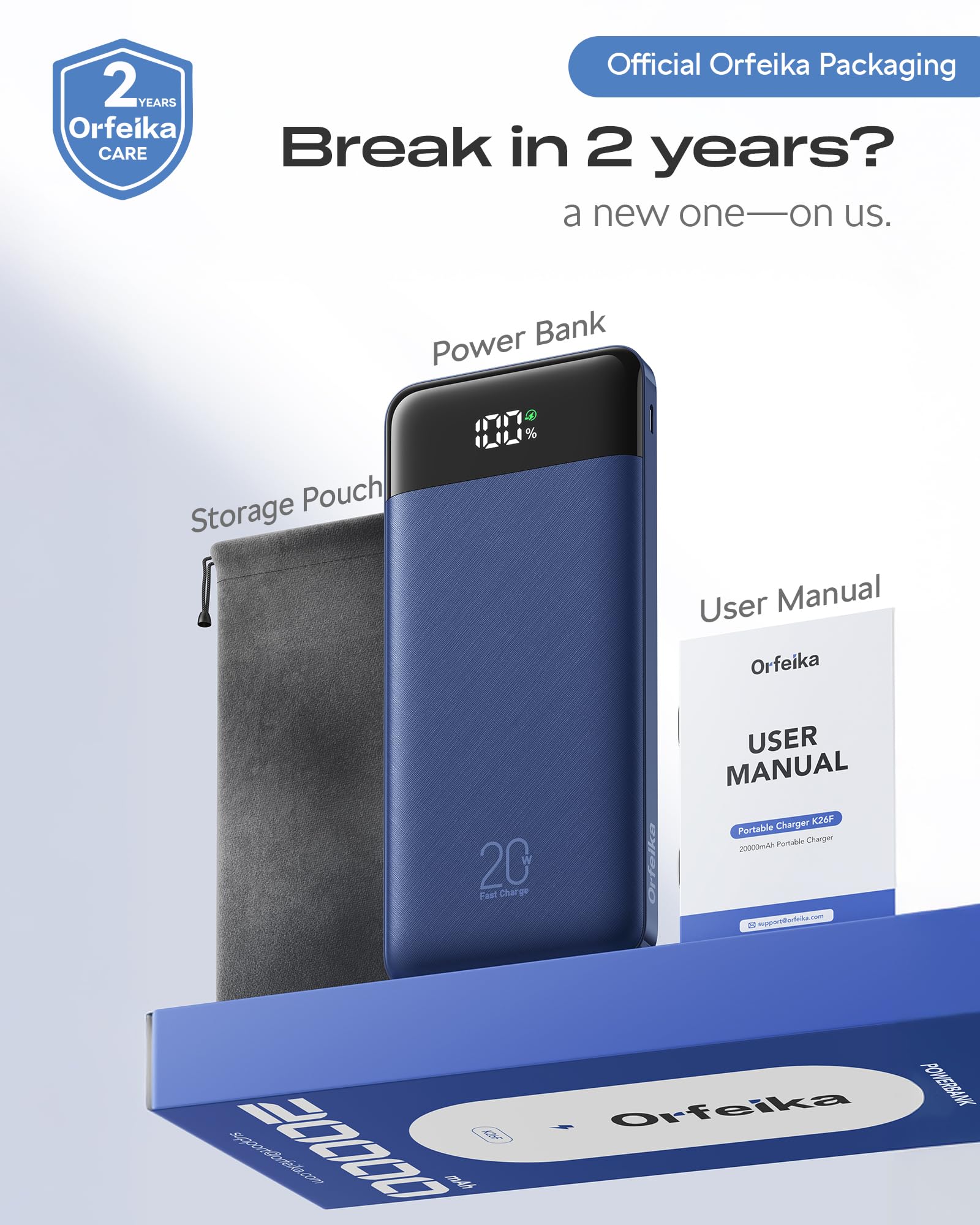 Orfeika Batería externa de 20000 mAh, carga rápida, cargador portátil con 4 cables integrados y 6 salidas, batería PD USB C de 20 W compatible con iPhone 16/15, Galaxy, Android, iPad y más (esencial