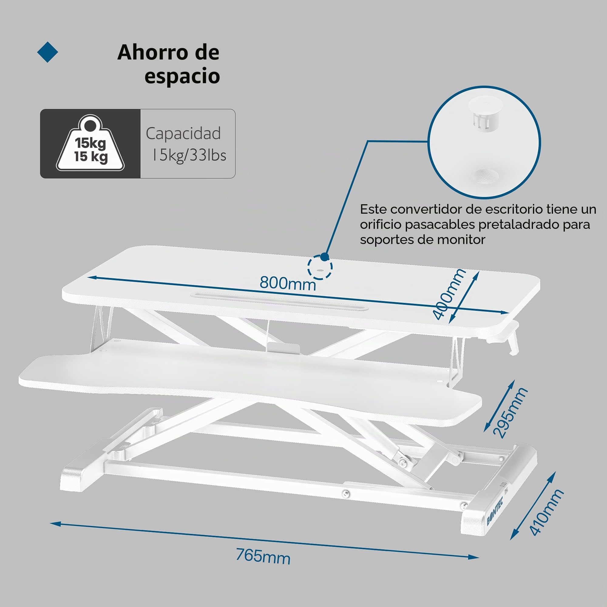 BONTEC Convertidor de Escritorio Sentado/Pie, Estación de Trabajo de 2 Niveles Ajustable en Altura, con Plataforma de 80x40cm, Elevador Ergonómico, Pantalla de PC, Portátil de hasta 15 kg(Blanco)