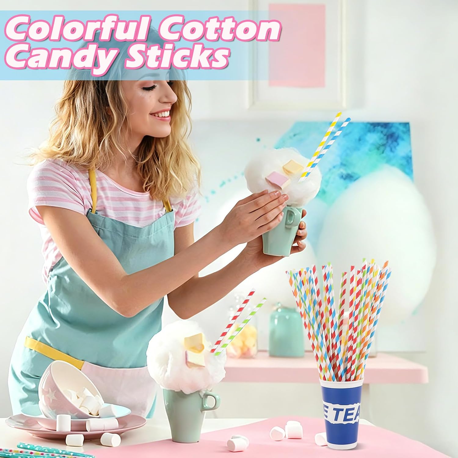 300 PCS 13.8 Inch Cotton Candy Sticks, Stripe Paper Sticks