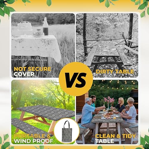 Miniatura 5 de RNOONY - Cubierta de mesa de picnic de 8 pies de poliéster con fundas para banco, resistente al viento y al agua, mantel perfecto para regalos de