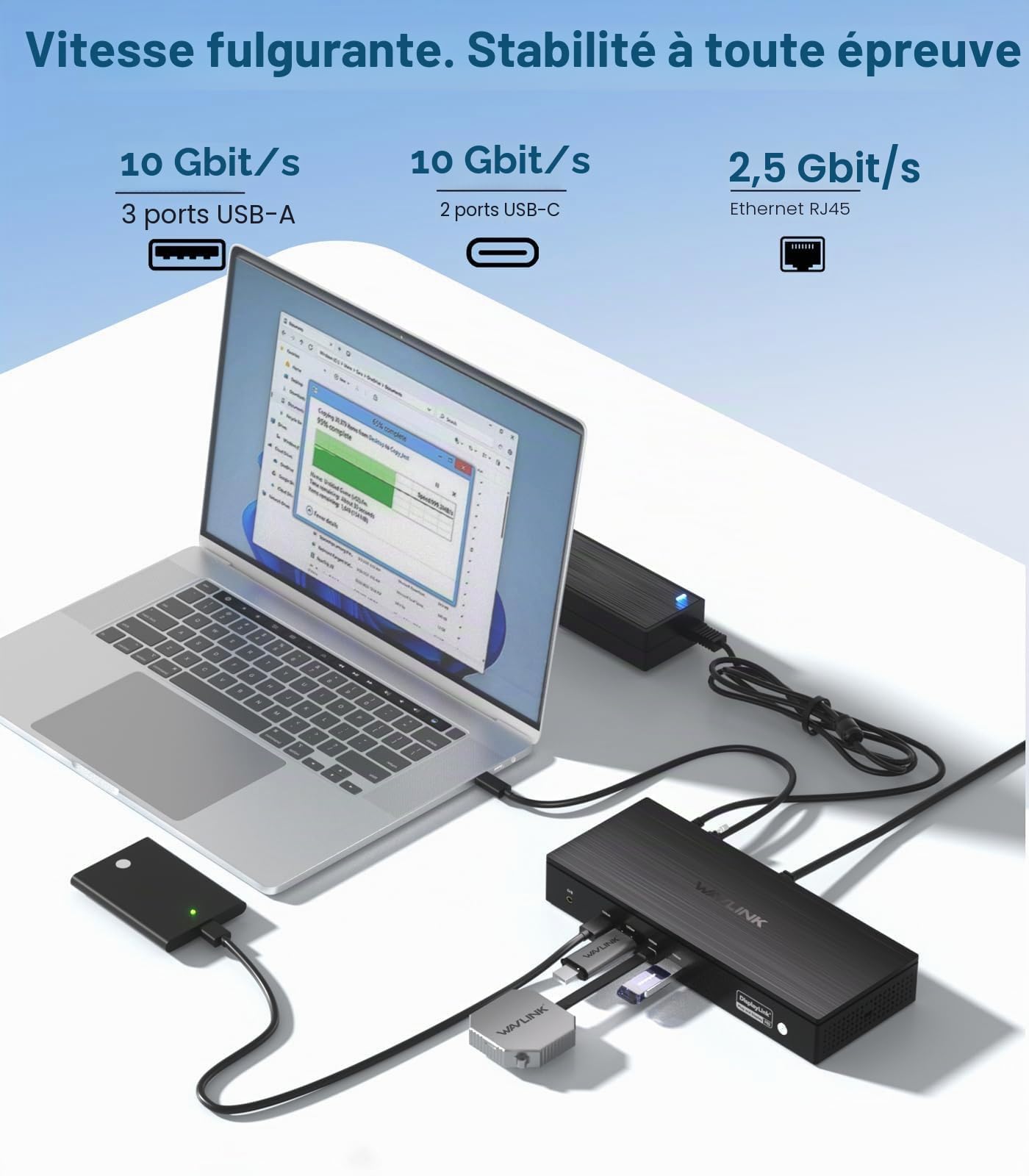 Station d'accueil Pro 5 Moniteurs,WAVLINK DisplayLink Dock USB C Support Five 4K Displays for MacBook Neo/Mac/Windows,2X DP1.4(Dual 8K@60Hz),2X HDMI2.0,Alt HDMI, 2.5Gbps Ethernet, PD100W,Pilote requis