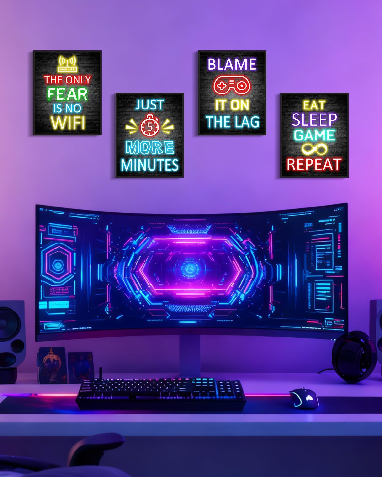 KUVIOKE Decorazione per la stanza dei videogiochi, per ragazzi e adolescenti, decorazione artistica da parete per videogiochi, insegna al neon pronta da appendere, set da 4, 20,3 x 25,4 cm (cornice
