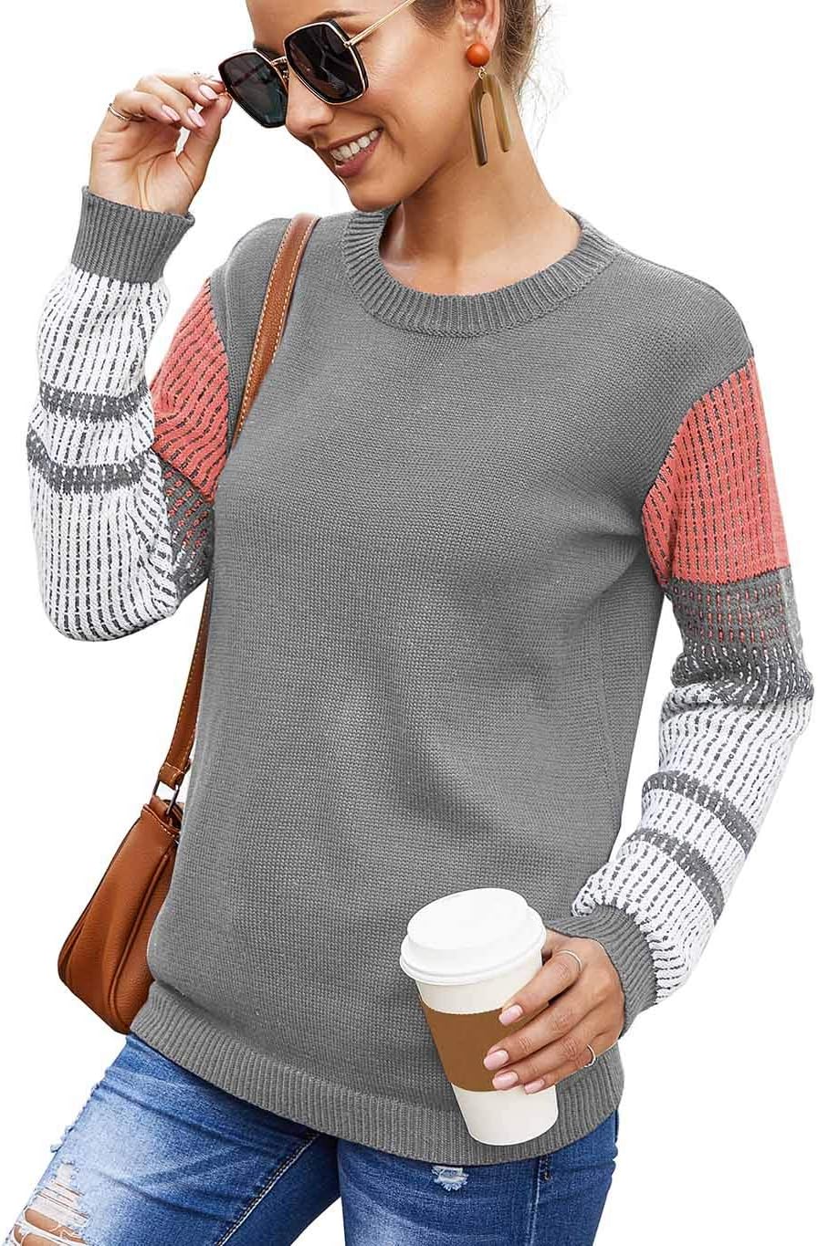 koitmy Women's Cute Contrast Sleeve Knitted Pullover Sweater