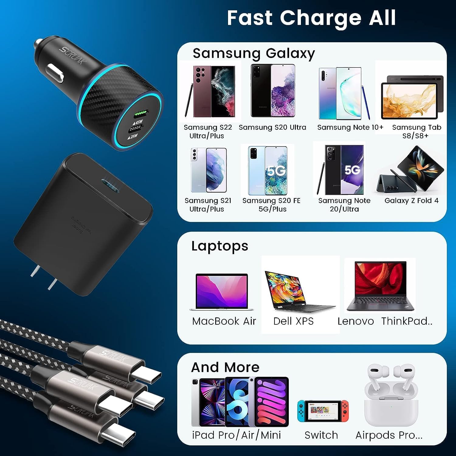 S24 S25 Ultra Charger Type C, SCRUAK 45W PPS Super Fast USB-C Wall/Car Charger for Samsung Galaxy S26 Ultra/S26+/S25/S24 Ultra/S24+/S23/S22/S20/Note 20/Note 10+(10FT+3.3FT 5A Type C Cable)