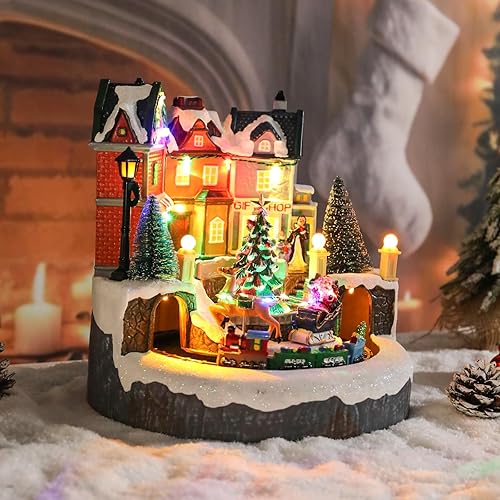 Miniatura 7 de Bdor Casa de pueblo navideño con tren giratorio Decoración musical iluminada de mesa de Navidad con trineo de Papá Noel y luces LED Decoración de