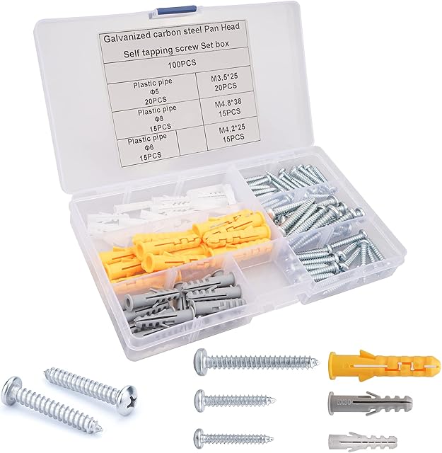 100pcs Screws and Wall Plugs Set Zinc Plated Drywall Screws, Pan Head Self Tapping Wood Screw Kit with Ribbed Anchors