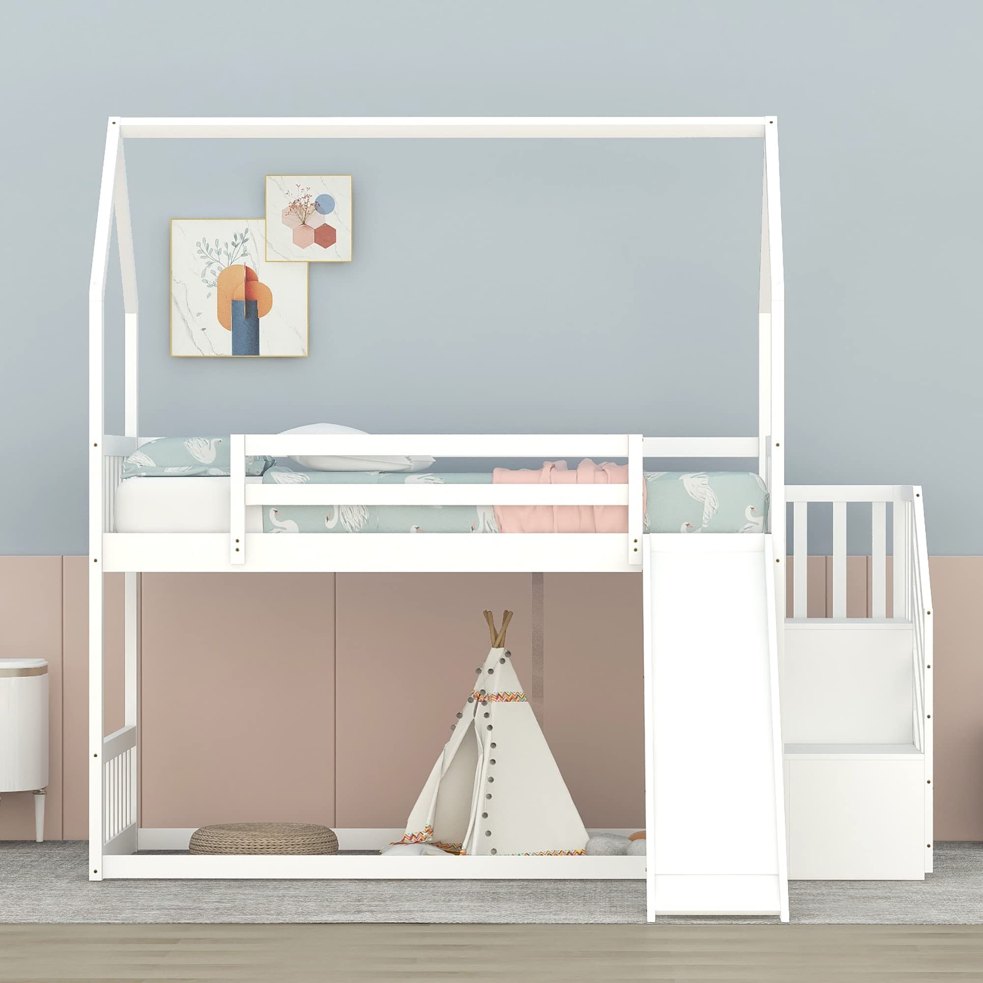 Harper & Bright Designs House Bunk Bed with Convertible Slide and Storage Staircase, Wood Twin Over Twin Bunk Bed Frame for Kids, Teens, Girls, Boys. No Box Spring Needed (White)