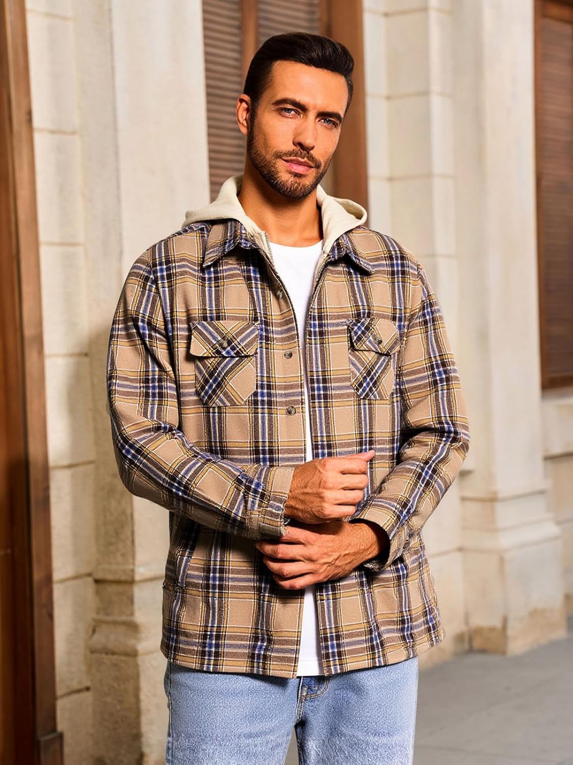 Yousify Mens Sherpa Flannel Shirt Jacket Fleece Lined Hooded Jacket Long Sleeve Button and Zipper Plaid Winter Coat - Image 4