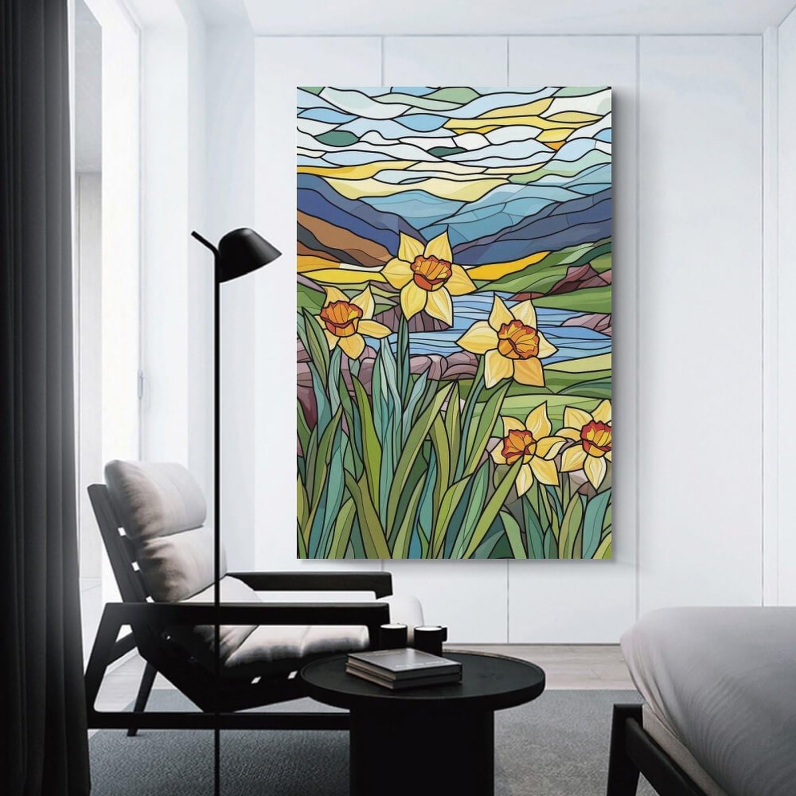 Junmoney Stained Glass Daffodils Wall Art Print 20x30inch(50x75cm), for Hallway, Entryway Or Landing, Wall Decor to Refresh Empty Corners, for Cosy Room Updates