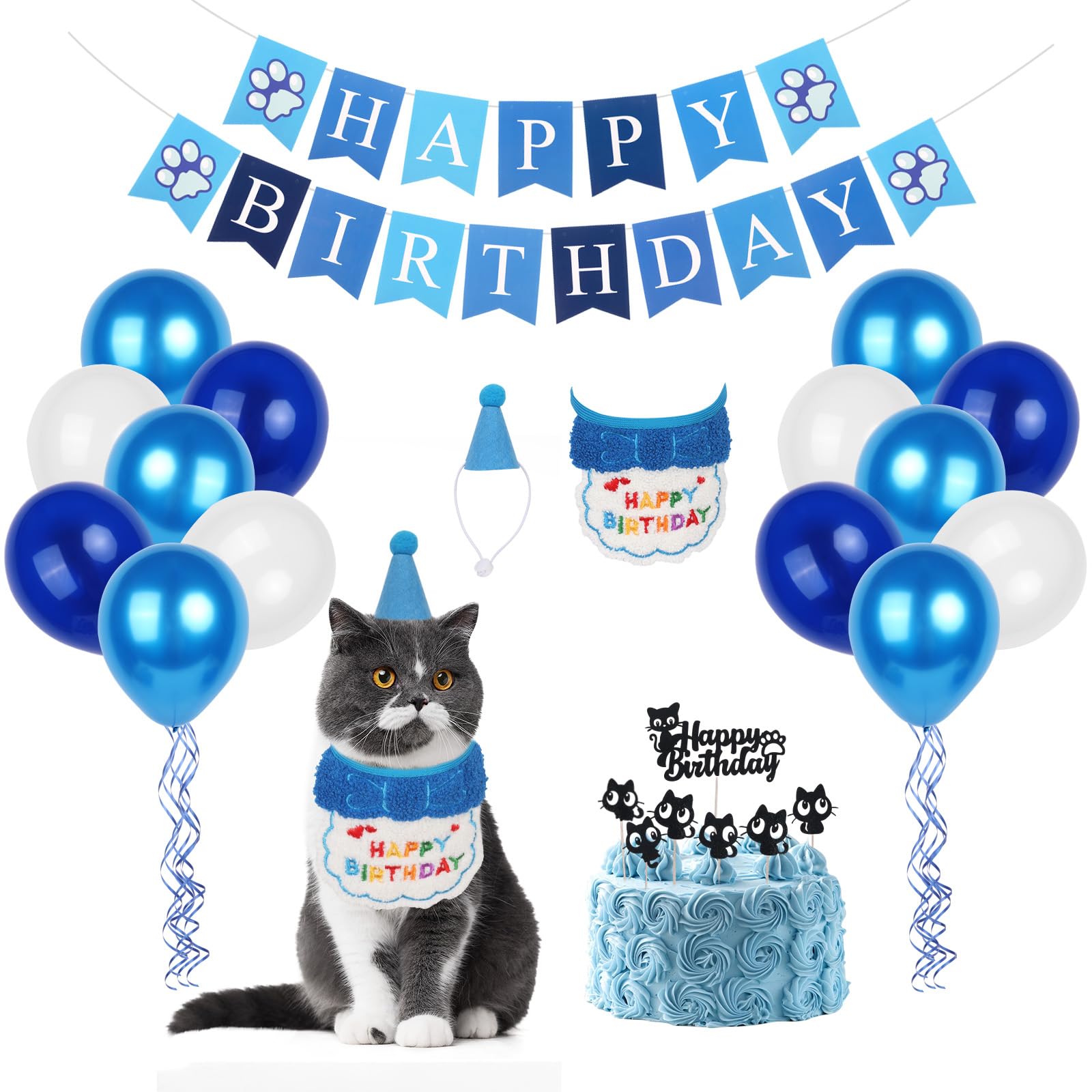 Pxvelcn Cat Birthday Hat Bandana, Cat Birthday Outfit Cute (Navy Blue)