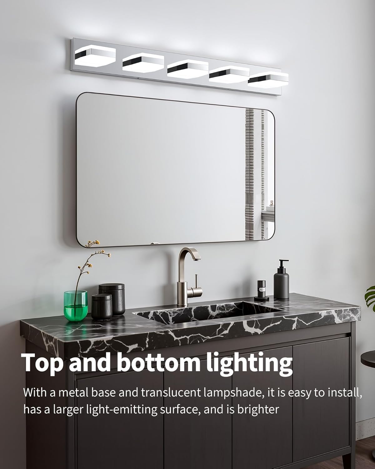 Bathroom Lighting Fixtures Over Mirror, 5 Light Bathroom Vanity Light Fixtures with Cool White 5000K, Silver LED Modern Vanity Wall Lights for Bath, Dressing Room, Restroom, 37.4 inch