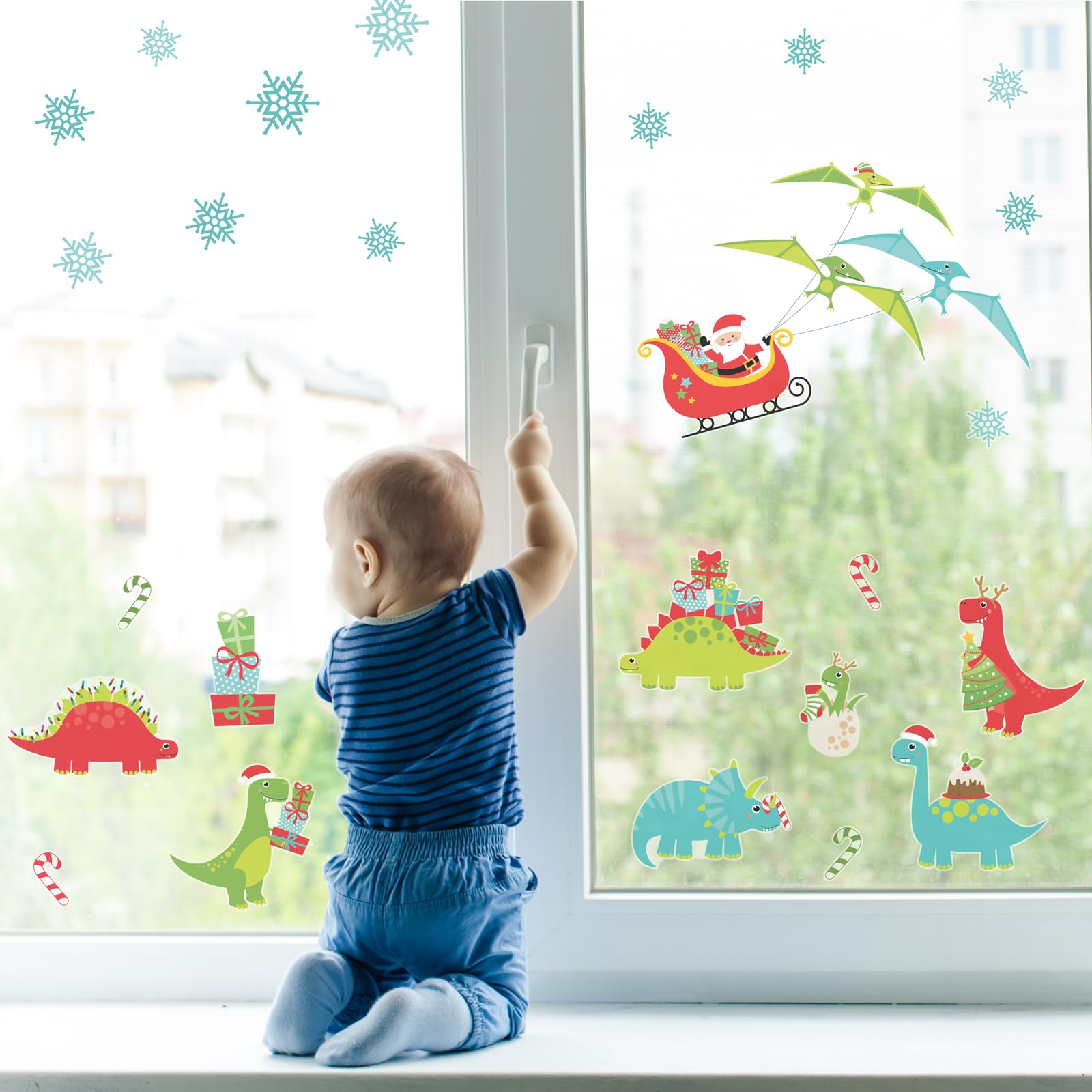 Stickerscape Christmas Dinosaur Christmas Santa Window Stickers (Christmas Dinosaur) | Christmas Window Decorations To Create A Winter Themed Display | Reusable, Re-Positionable And Cleanly Removable