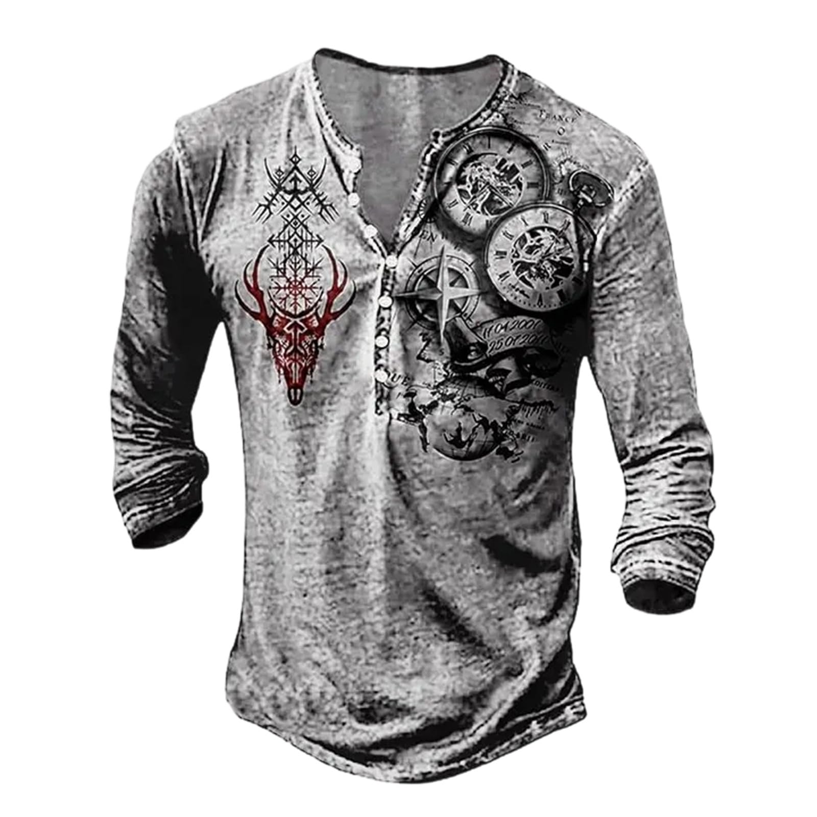 Men's Gothic Nordic Mythology T Shirts Retro Printed V Neck Lace Up Long Sleeve Pullover Vintage Distressed Henley Shirt Top Street Tshirt Sports Shirt, bright grey (ral 7035), 4XL