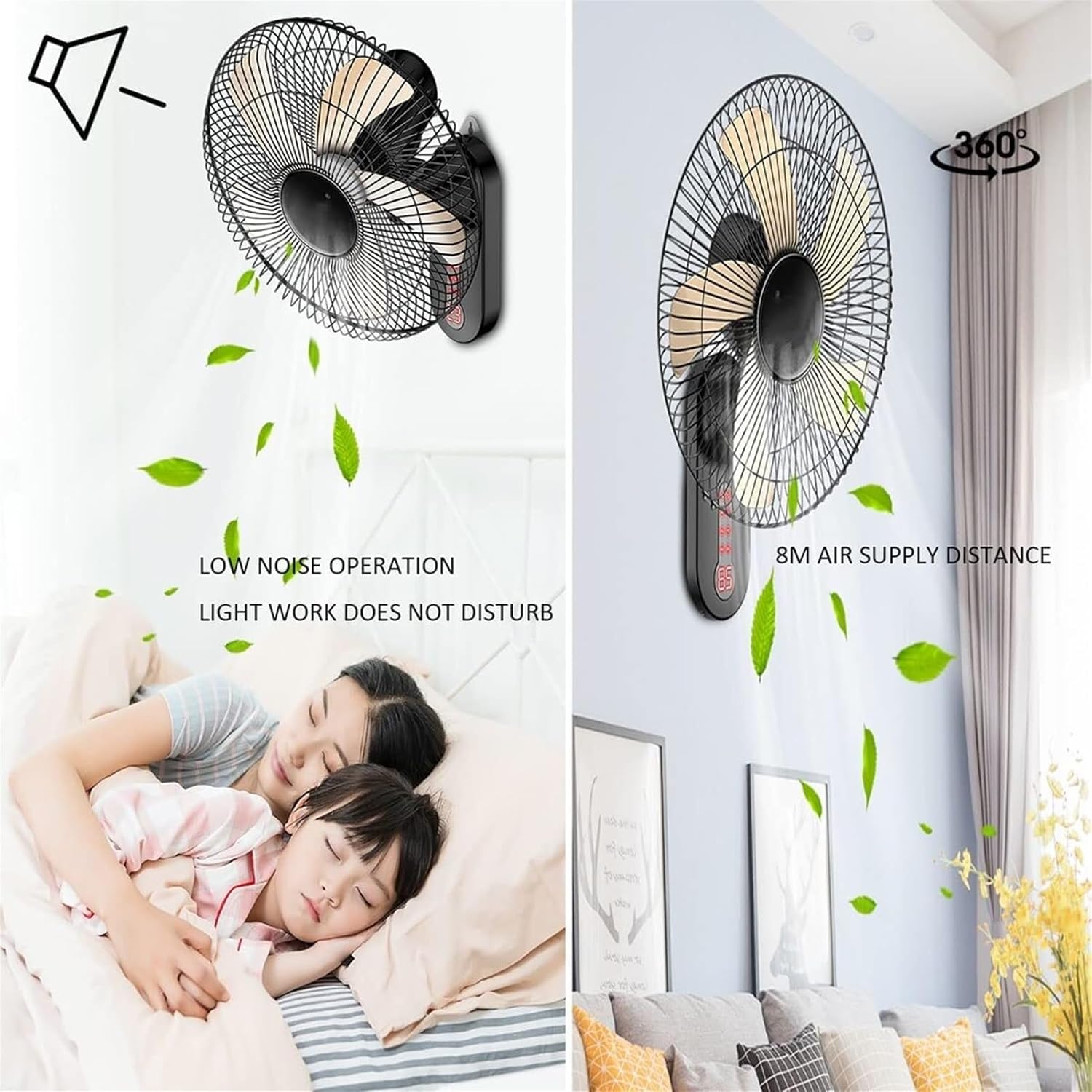 Electric Wall Fan with Remote Control, Adjustable Angle 16 Inch Wall Mounted Fan Silent Operation Air Cooling Fan 3 Speed Settings for Home Office Bedrooms Summer Star(Black,3m)