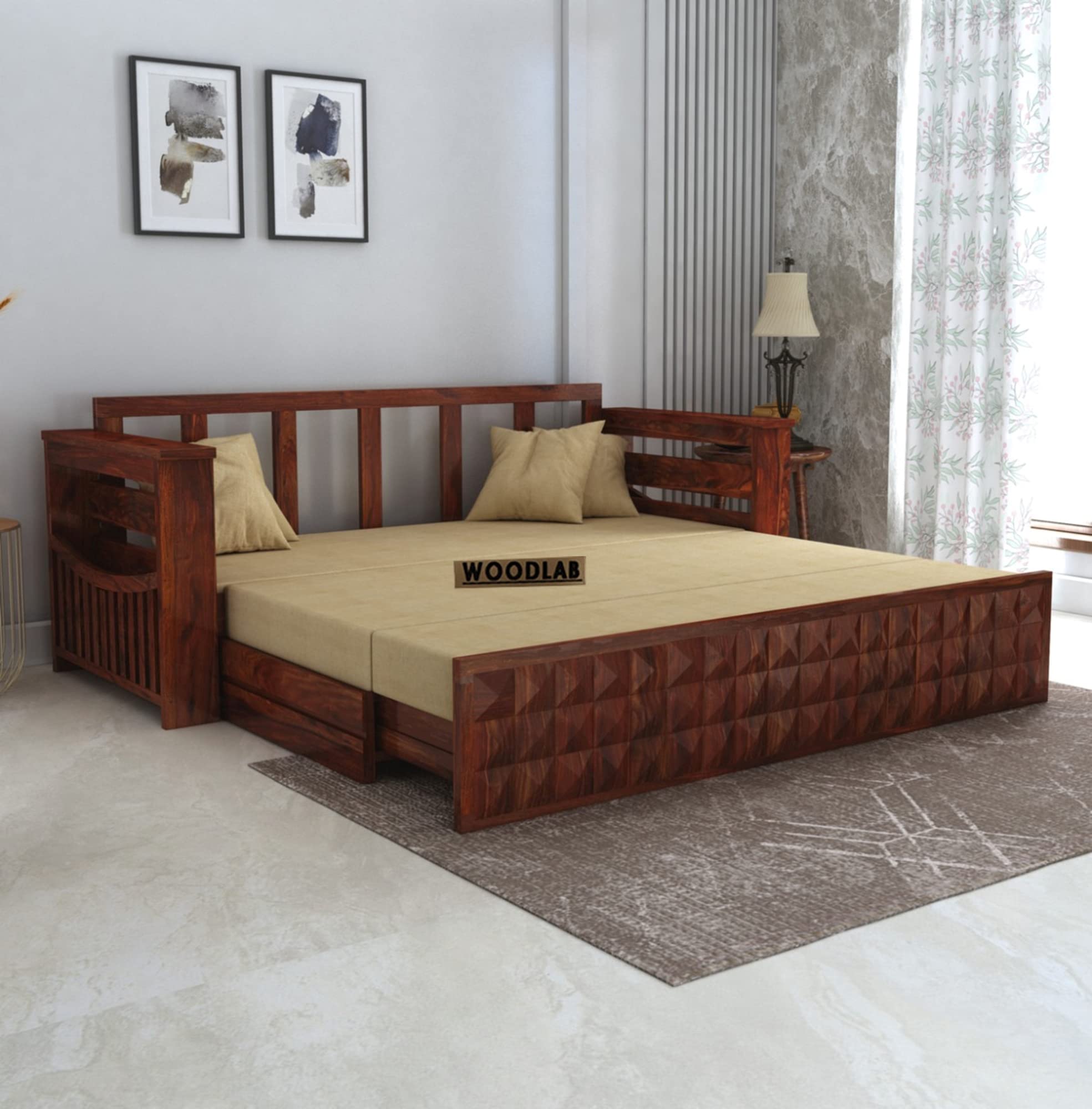 WOODLAB Furniture Solid Sheesham Wood 3 Seater Sofa Cum Bed Wooden Sofa Set For Home And Living Room (Natural Finish), Multicolor (B0BN5DDC46) Amazon Price History, Amazon Price Tracker