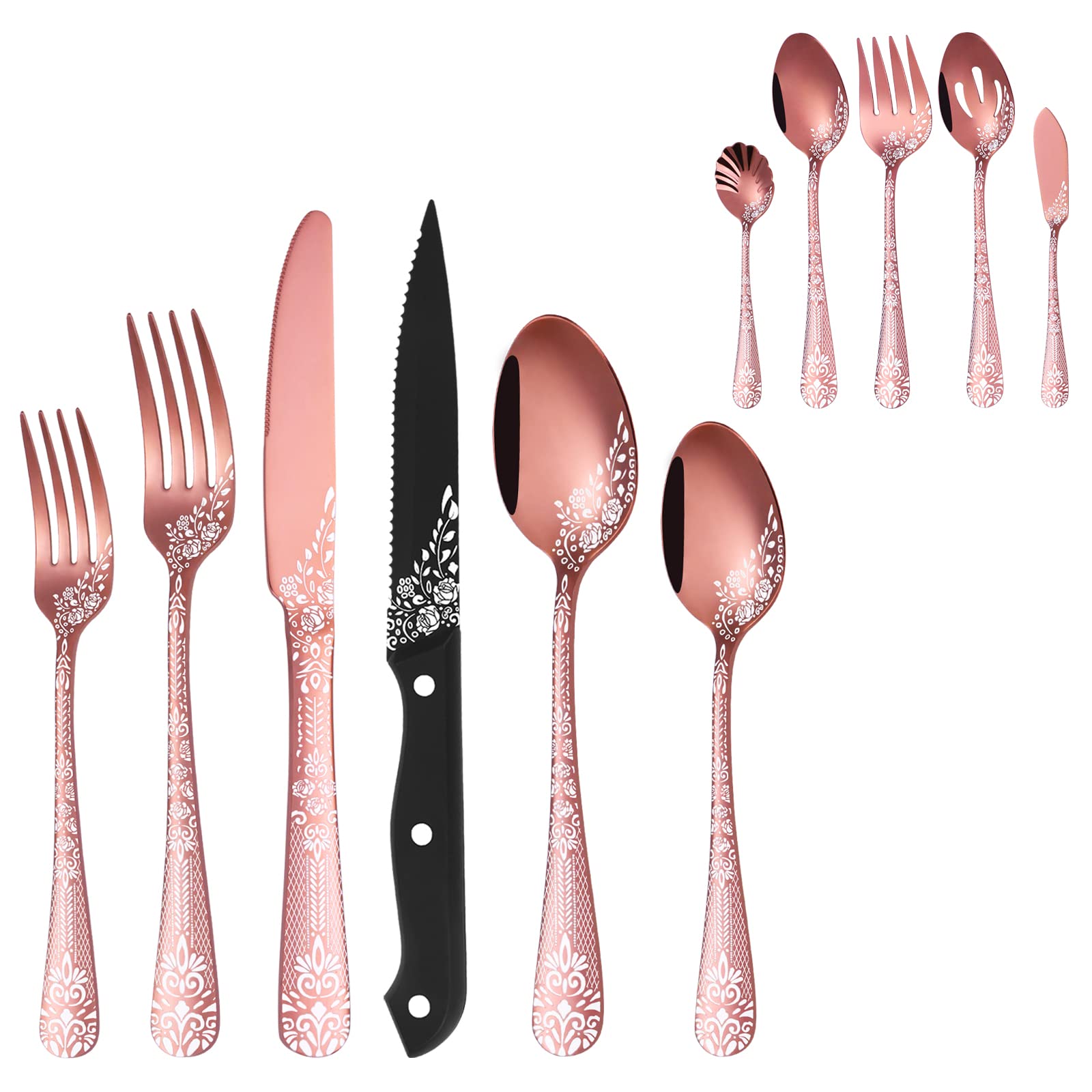 EUIRIO 77 Pieces Rose Gol Silverware Set for 12 with Serving Utensils,Modern Floral Laser Pattern Flatware Cutlery Sets, Forks Spoons and Knives Set, Food-Grade Cutlery Set for Home,Disherwasher Safe