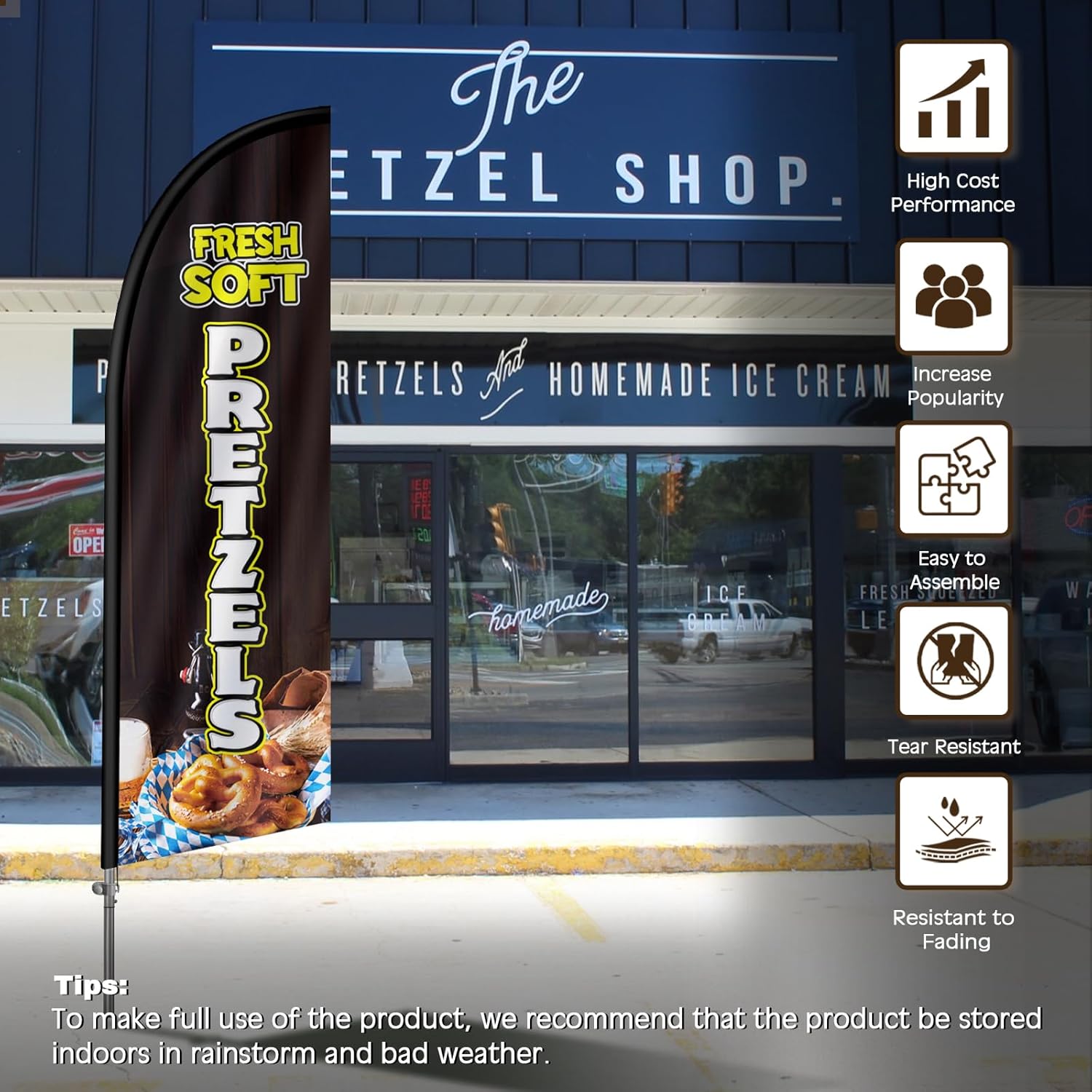 Fresh Soft Pretzels Flag for Business, Fresh Soft Pretzels 8FT Polyester Advertising Swooper Flag with Aluminium Alloy Flag Pole Kit, Stainless Steel, Ground Spike, Portable Bag