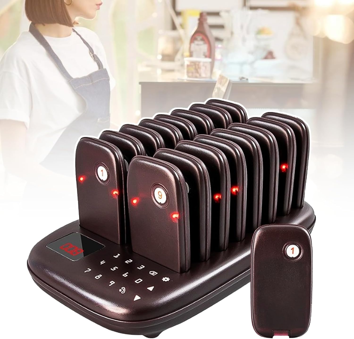 GMQJSQQQ Restaurant Pager, 16 Wireless Buzzers, Light/Vibration/Sound-Remote Calling, Waterproof ABS, Auto-Charging, Customizable Advertising Cards,A