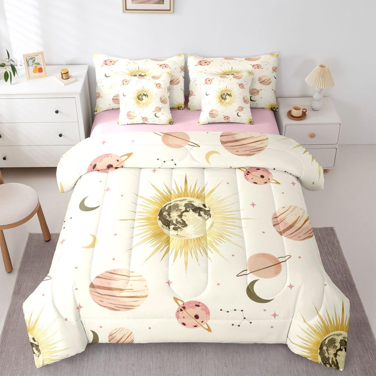 Homewish Sun and Moon 7 Pieces Bed Set Twin Size | Boho Starry Sky Comforter Set with Sheets Galactic Planet Space Sheet Set, Pillowcases & Pillow Covers Gold and Pink Room Decor