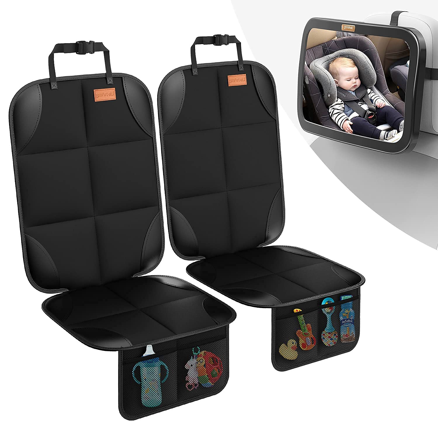 Photo 1 of *** CUT IN FABRIC FROM OPENING PACKAGE***Smart eLf 2 Pack Car Seat Protector + 1 Pack Baby Mirror for Car Backseat Full View
