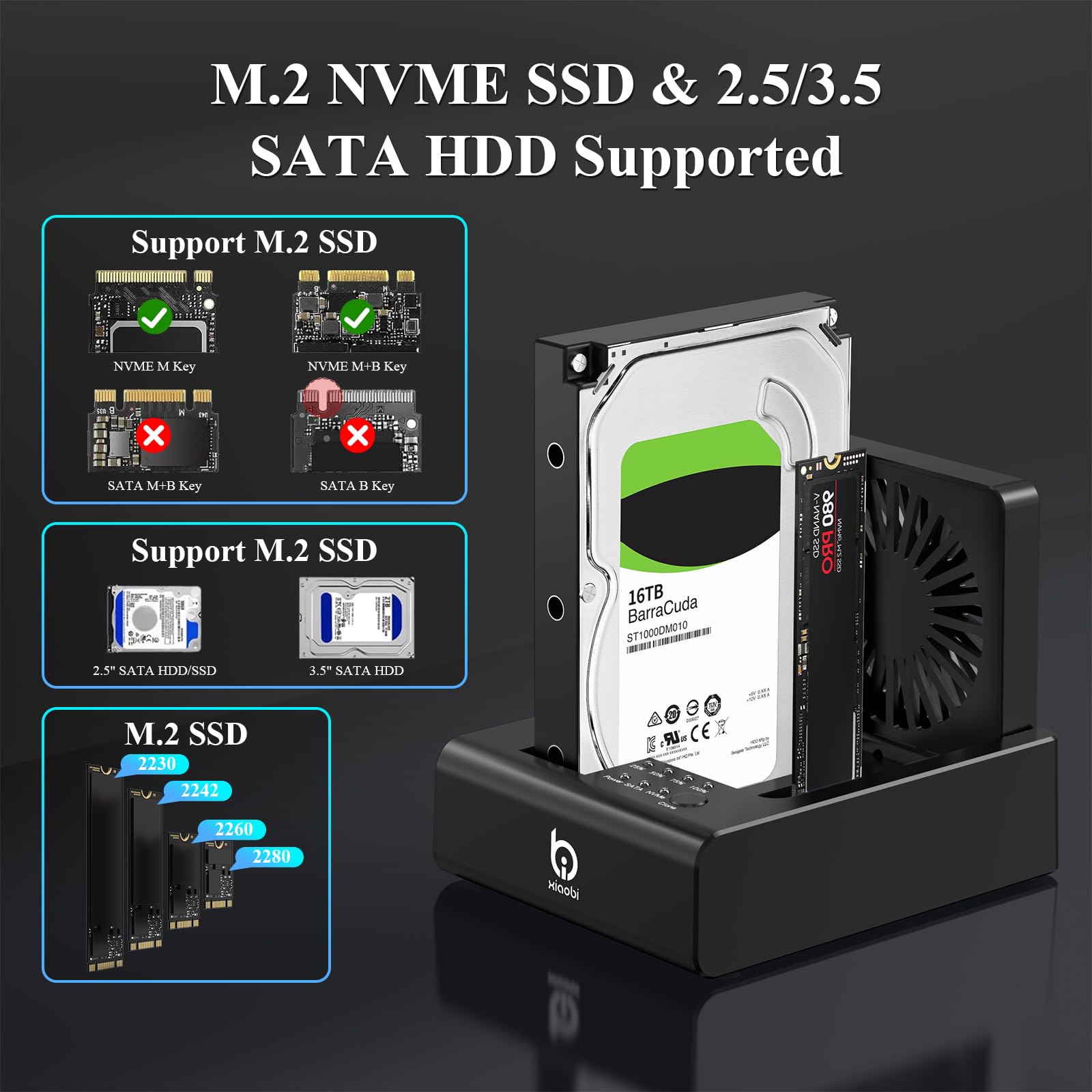 M.2 NVMe & SATA HDD Docking Station, 10Gbps USB3.2 Gen2 SSD Cloner per M.2 NVMe SSD + SATA 2.5"/3.5" HDD Converter, Offline Cloning, Tool-Free, Ventola di raffreddamento