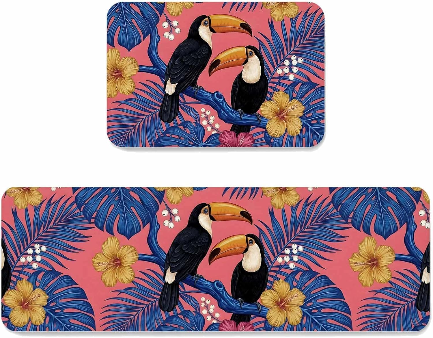 Prime Leader Toucan Bird Kitchen Mat Set 2 Pieces Tropical Animal Hibiscus Palm Leaf Jungle Non Slip Kitchen Rugs Washable Runner Rug Mats for Floor Sink Laundry Office 23.6" x 35.4"+23.6" x 70.9"