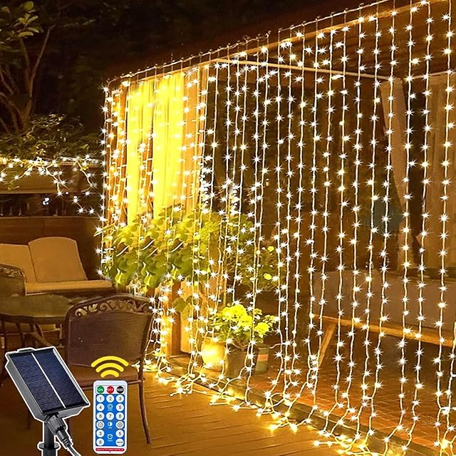 yowin Solar Curtain Lights 3M x 3M 300 LED Gazebo Lights with Remote, 8 Modes Solar Garden Lights Waterproof Wall Fairy for Balocony Fence Pergola Mauquee Wedding Party Decorations - Warm White