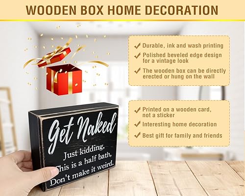 Miniatura 6 de Pigort Letreros divertidos de baño con texto en inglés Get Naked, reglas de decoración de granja, letreros de madera de 5 x 6 x 1.8 pulgadas