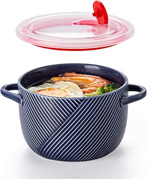 Ceramic Soup Bowl with Lid & Handle, Microwave Safe 32 oz, Navy