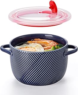 Ceramic Soup Bowl with Lid & Handle: 32 oz Large Kitchen Container for French Onion Meal Prep Cereal Ramen Oatmeal Dorm Living Single Serve Dinner Work Lunch Food Storage - Navy 1 PCS