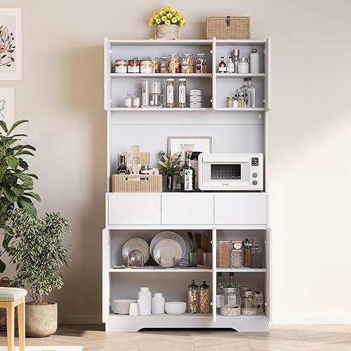 Miniatura 9 de KAMABOKO Gabinete de despensa de cocina de 71 pulgadas con luz LED y estación de carga, armario alto de almacenamiento de despensa con estantes