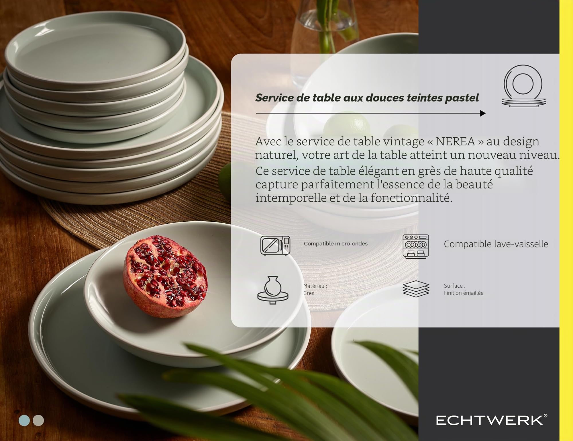 ECHTWERK Nerea Service de table vintage 18 pièces pour 6 personnes en faïence couleur pastel avec 6 assiettes plates, 6 assiettes à dessert, 6 assiettes creuses, gris